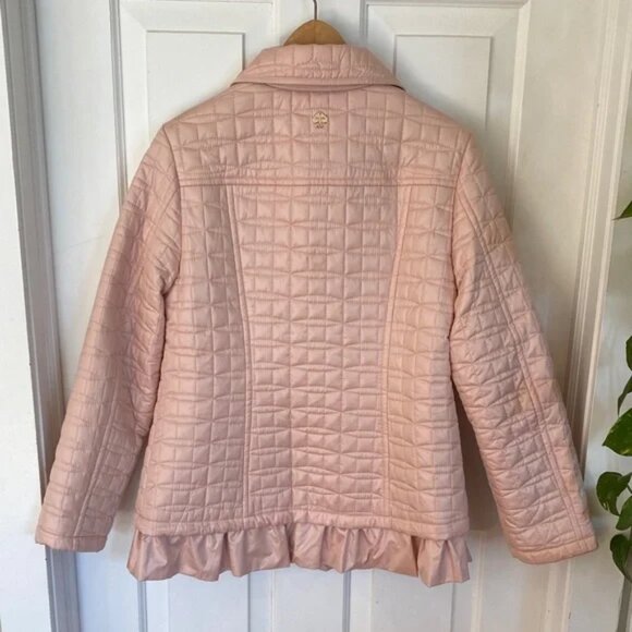 Pink Quilted Jacket with Ruffle Hem Gold Zippers feminine Coquette - Picture 5 of 5